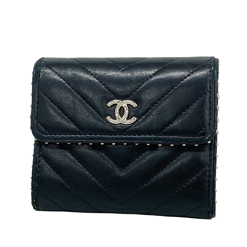 Chanel Tri-fold Wallet, V-stitch, Lambskin, Black, Women's